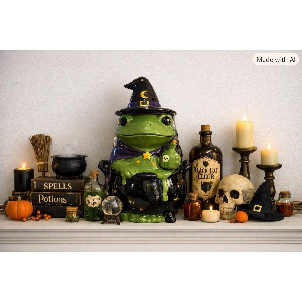 Haunted Halloween Magical Wizard Frog Halloween Cookie Jar Cauldron Collectible